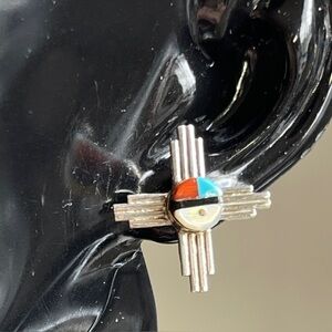 Vintage Zuni Sun Face 925 Earrings Turquoise Coral MOP Jet